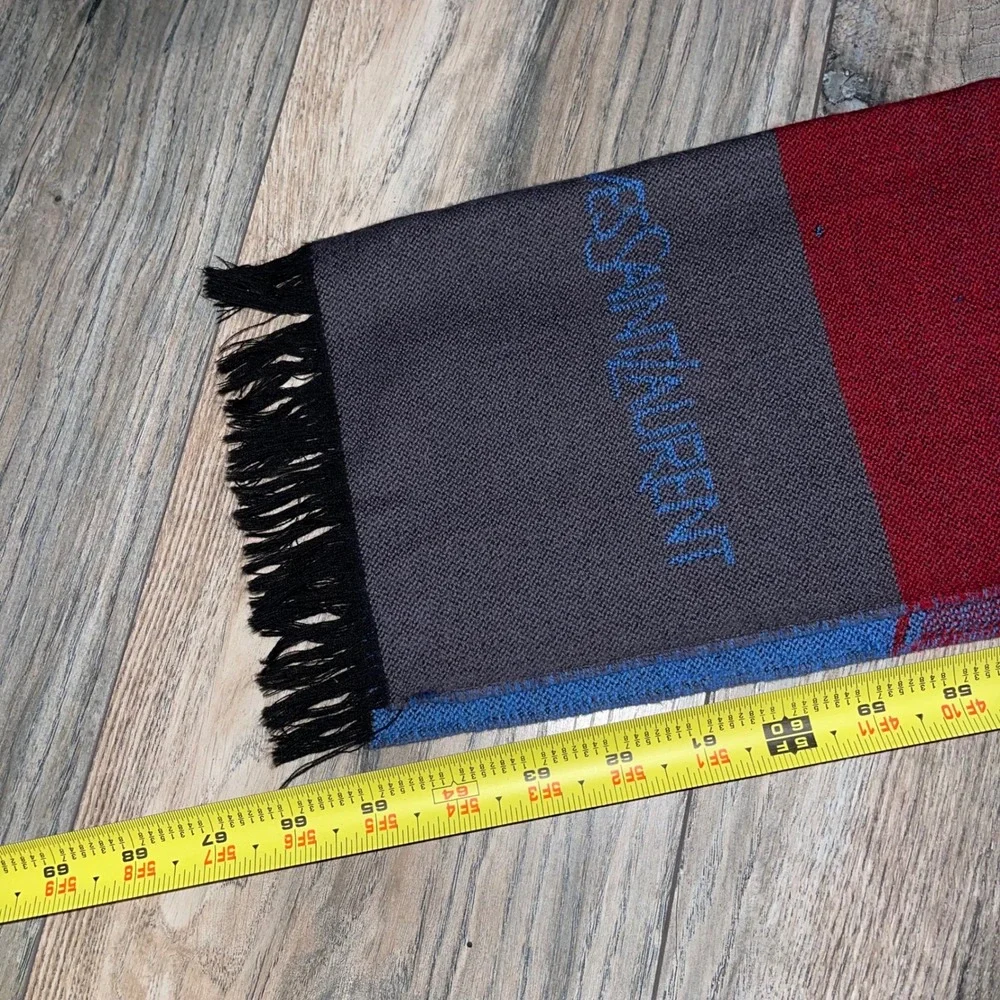 Vintage Yves Saint Laurent YSL Wool Scarf Geometric Diamond Blue Red Grey 66in